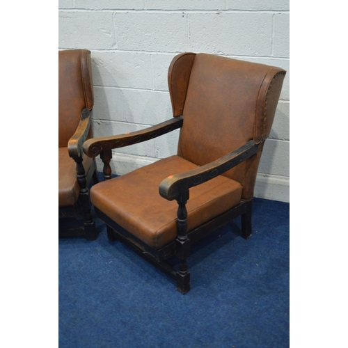 1353 - A PAIR OF MID 20TH CENTURY OAK FRAMED FIRESIDE CHAIRS (sd)