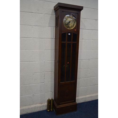 1357 - AN EARLY 20TH CENTURY OAK CASED LONG CASE CLOCK, with brassed dial with Arabic numerals (pendulum an... 