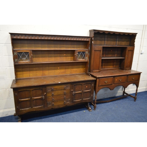 1358 - A MID 20TH CENTURY OAK DRESSER, width 168cm x depth 49cm x height 171cm, together with an other oak ... 