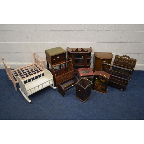 1360 - A QUANTITY OF VARIOUS MISCELLANEOUS FURNITURE to include two various dolls cots, oak sewing box, thr... 