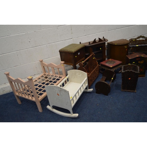 1360 - A QUANTITY OF VARIOUS MISCELLANEOUS FURNITURE to include two various dolls cots, oak sewing box, thr... 