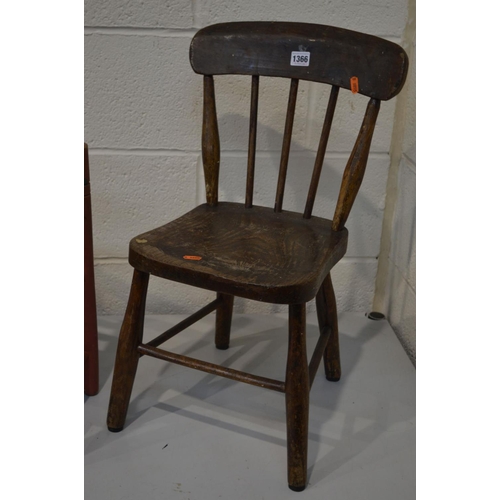 1366 - AN EARLY 20TH CENTURY OAK AND BEECH SPINDLE BACK CHILDS CHAIR, together with two other child's chair... 