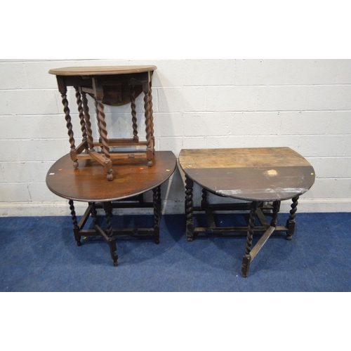 1367 - THREE VARIOUS OAK BARLEY TWIST GATE LEG TABLES of different sizes (sd)