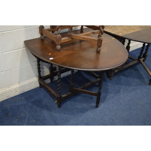 1367 - THREE VARIOUS OAK BARLEY TWIST GATE LEG TABLES of different sizes (sd)