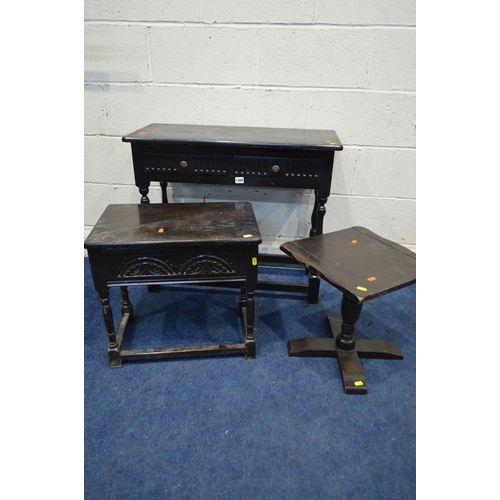 1369 - A DARK OAK SIDE TABLE, with two drawers, together with a similar bible box and an occasional table (... 