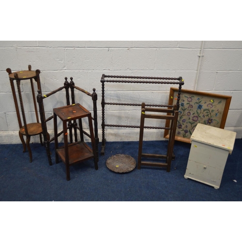 1372 - A QUANTITY OF OCCASIOAL FURNITURE, to include a bobbin turned towel rail, folding towel rail, pine t... 