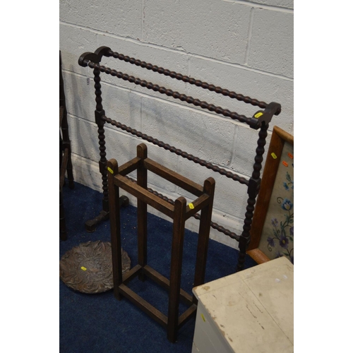 1372 - A QUANTITY OF OCCASIOAL FURNITURE, to include a bobbin turned towel rail, folding towel rail, pine t... 