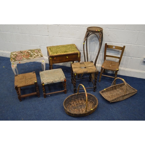 1373 - A BEECH RUSH SEATED CHILDS CHAIR, together with two wicker baskets, bamboo torchere stand and five v... 