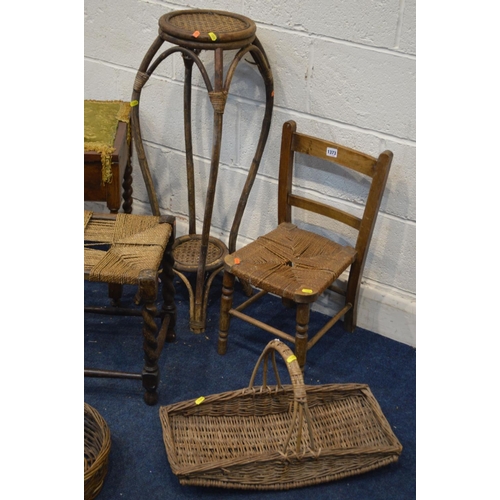 1373 - A BEECH RUSH SEATED CHILDS CHAIR, together with two wicker baskets, bamboo torchere stand and five v... 