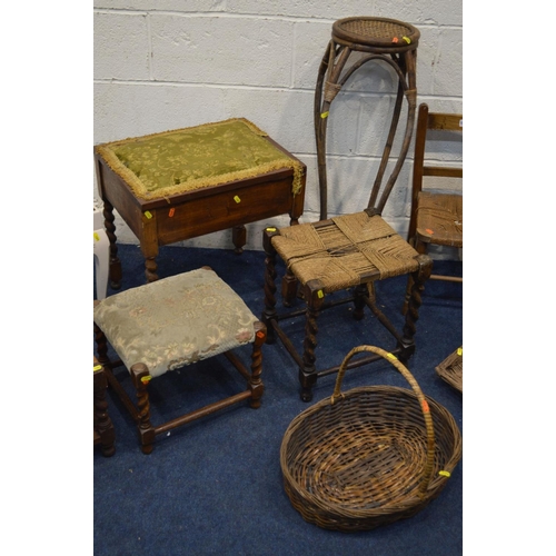 1373 - A BEECH RUSH SEATED CHILDS CHAIR, together with two wicker baskets, bamboo torchere stand and five v... 