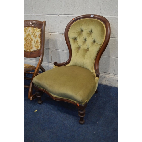 1374 - A LATE VICTORIAN WALNUT SPOONBACK CHAIR, together with a mahogany folding campaign chair (2)