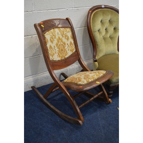 1374 - A LATE VICTORIAN WALNUT SPOONBACK CHAIR, together with a mahogany folding campaign chair (2)