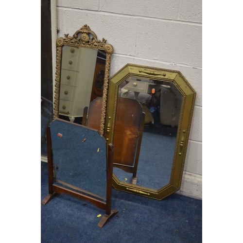 1375 - AN OAK FRAMED CHEVEL MIRROR, together with a gilt painted wall mirror and three various other mirror... 