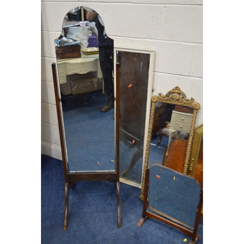 1375 - AN OAK FRAMED CHEVEL MIRROR, together with a gilt painted wall mirror and three various other mirror... 