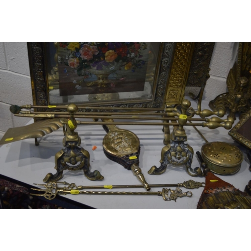 1377 - A QUANTITY OF BRASS MISCELLANEOUS, to include a brass fan firescreen (sd) three firescreens, three v... 