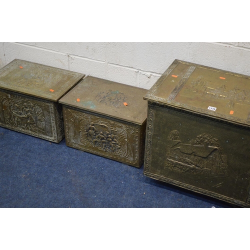 1378 - THREE VARIOUS BRASS SLIPPER BOXES, together with two brass magazine racks (5)