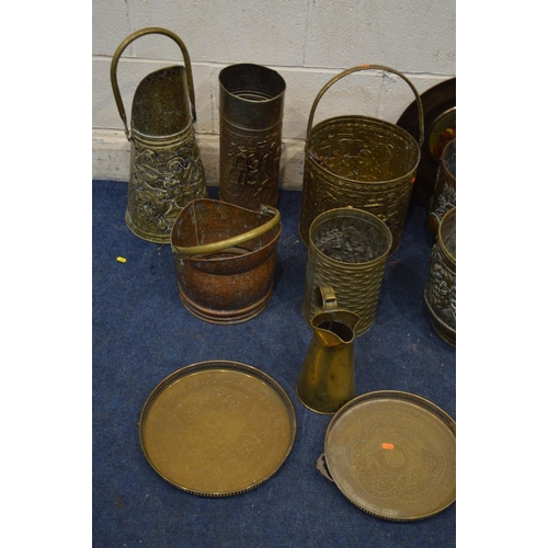 1379 - A LARGE QUANTITY OF BRASS MISCELLANEOUS, to include log buckets, coal scuttles, wall plates, trivet,... 