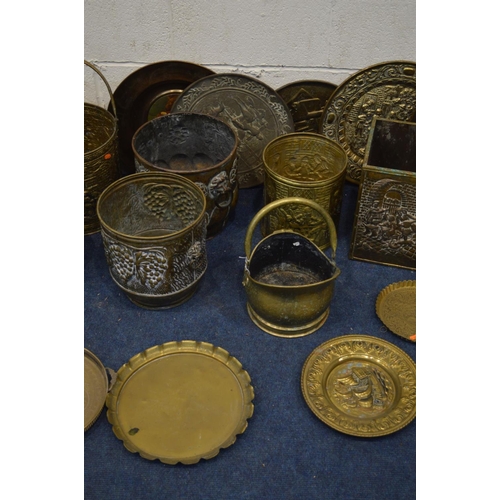 1379 - A LARGE QUANTITY OF BRASS MISCELLANEOUS, to include log buckets, coal scuttles, wall plates, trivet,... 