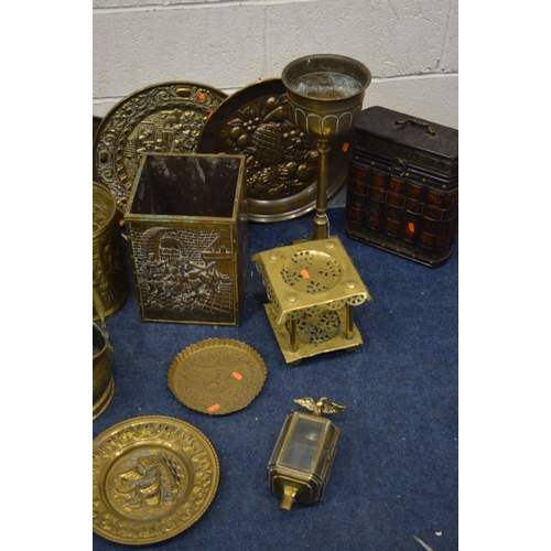 1379 - A LARGE QUANTITY OF BRASS MISCELLANEOUS, to include log buckets, coal scuttles, wall plates, trivet,... 