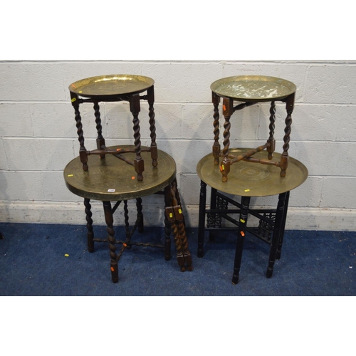 1380 - FOUR VARIOUS FOLDING BRASS TOPPED OCCASIONAL TABLES, and another folding table base (5)