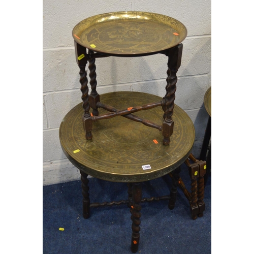 1380 - FOUR VARIOUS FOLDING BRASS TOPPED OCCASIONAL TABLES, and another folding table base (5)