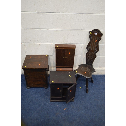 1381 - AN EARLY 20TH CENTURY OAK LOG BOX, together with an oak spinning chair, oak two door smoker cabinet ... 