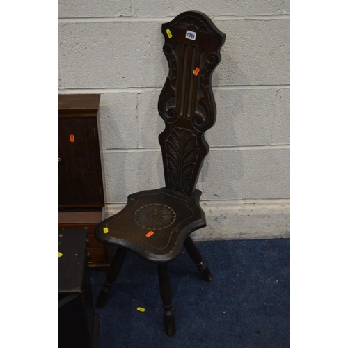 1381 - AN EARLY 20TH CENTURY OAK LOG BOX, together with an oak spinning chair, oak two door smoker cabinet ... 