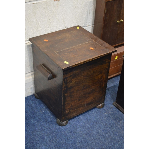 1381 - AN EARLY 20TH CENTURY OAK LOG BOX, together with an oak spinning chair, oak two door smoker cabinet ... 