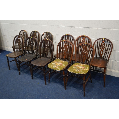 1382 - A HARLEQUIN SET OF ELEVEN OAK WHEELBACK CHAIRS