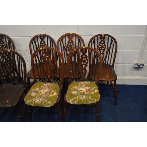 1382 - A HARLEQUIN SET OF ELEVEN OAK WHEELBACK CHAIRS