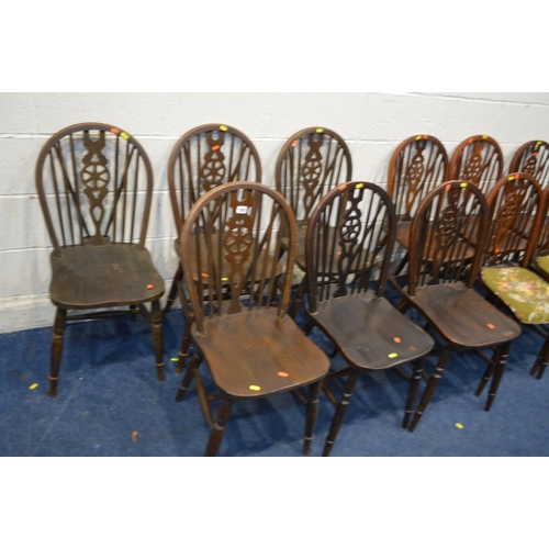 1382 - A HARLEQUIN SET OF ELEVEN OAK WHEELBACK CHAIRS