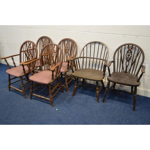 1383 - A SET OF FOUR OAK WHEELBACK OPEN ARMCHAIRS, together with another wheelback armchair and an oak hoop... 