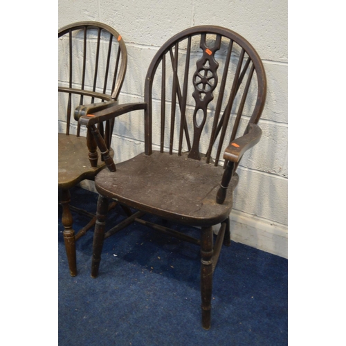 1383 - A SET OF FOUR OAK WHEELBACK OPEN ARMCHAIRS, together with another wheelback armchair and an oak hoop... 