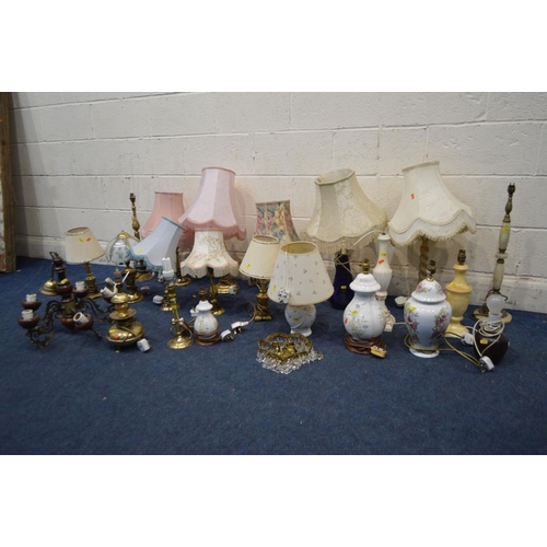 1385 - A QUANTITY OF VARIOUS TABLE LAMPS, to include eleven brass lamps, ten ceramic, onyx, alabaster, etc,... 