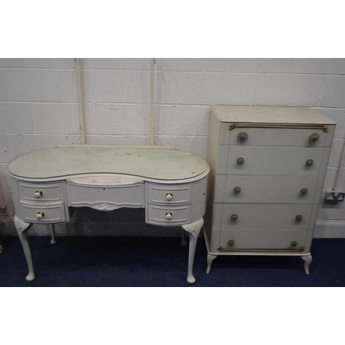 1386 - A TALL CREAM PAINTED CHEST OF FIVE DRAWERS, together with a kidney dressing table (missing mirror) (... 