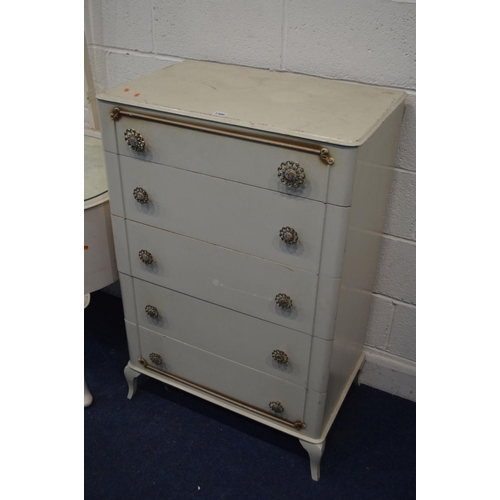 1386 - A TALL CREAM PAINTED CHEST OF FIVE DRAWERS, together with a kidney dressing table (missing mirror) (... 