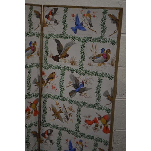 1391 - A VINTAGE TRIPLE FLOOR STANDING SCREEN, each panel with multiple bird and duck prints, width of each... 