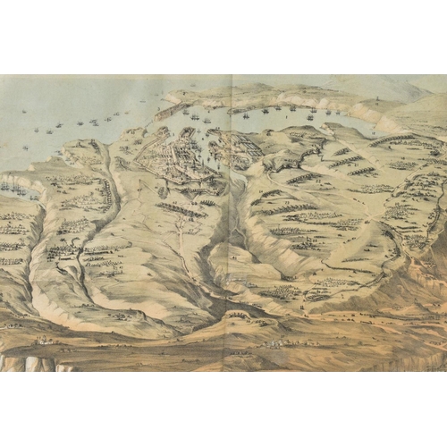 223 - A GLAZED FRAME 65CM X 52CM WHICH CONTAINS A COLOURED PRINT entitled Birds Eye View of the Entrenched... 