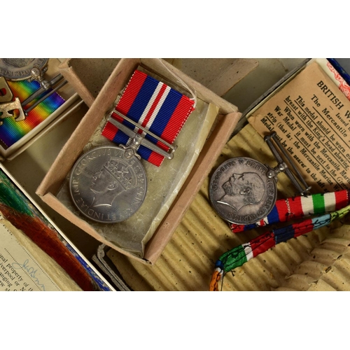 228 - A FAMILY GROUP OF THREE GROUPS OF MEDALS, as follows, (a) WWI British War & Victory Medals, both box... 