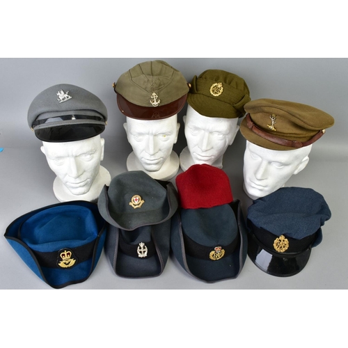 229 - A BOX OF TEN MILITARY CAPS/HEADWEAR, to include womens RAF, Qaranc, ATS, Red Cross etc, Royal Corps ... 