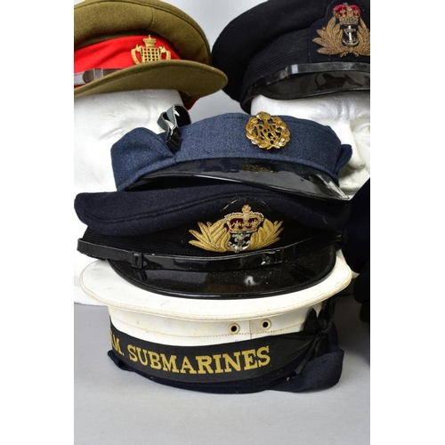 233 - A BOX OF ELEVEN MILITARY CAPS, to include Sandhurst Officers College, HM Submarines, Womens RAF, Nav... 