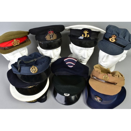 233 - A BOX OF ELEVEN MILITARY CAPS, to include Sandhurst Officers College, HM Submarines, Womens RAF, Nav... 