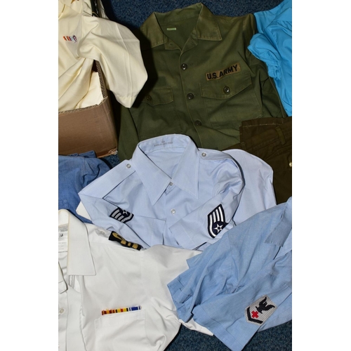 235 - BOX CONTAINING LARGE QUANTITY OF MILITARY CLOTHING, shirt, dresses, skirts etc, US/British/Nursing e... 