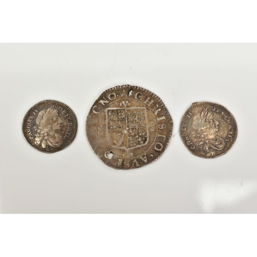 244 - CHARLES II HAMMERED GROUP CLASS II 3d holed and two Class II silver pennies (3)