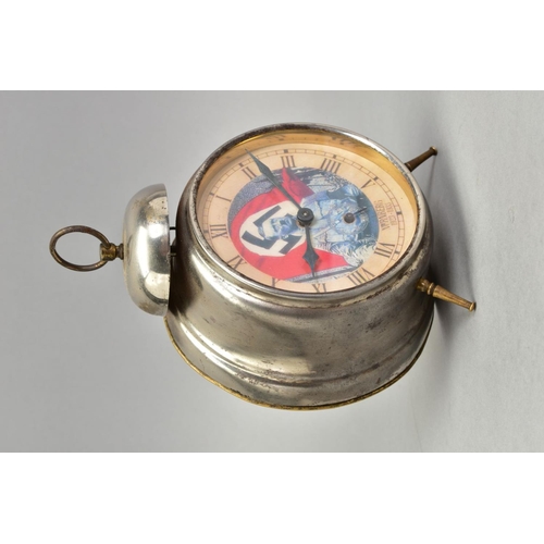 255 - A POSSIBLE LATE WAR GERMAN 'HITLER' PROPOGANDA TABLE CLOCK, with white metal body and legs, Roman nu... 