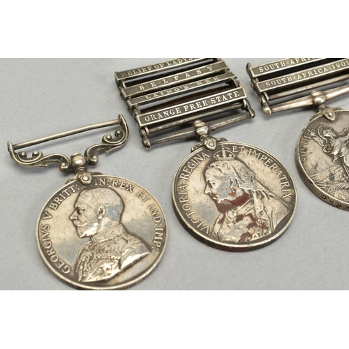 259 - A GROUP OF THREE MEDALS AND ONE OTHER MEDAL AS FOLLOWS, Queens South Africa Medal, four bars, relief... 