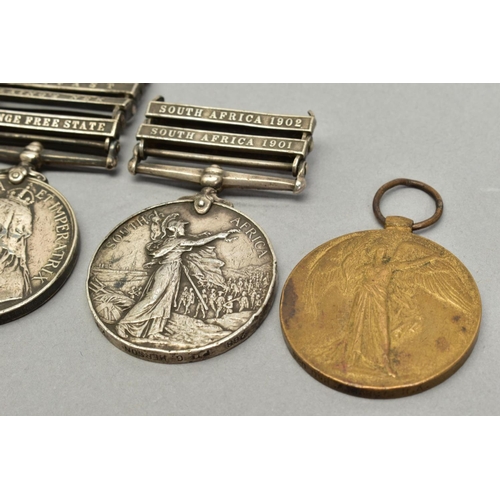 259 - A GROUP OF THREE MEDALS AND ONE OTHER MEDAL AS FOLLOWS, Queens South Africa Medal, four bars, relief... 