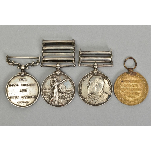 259 - A GROUP OF THREE MEDALS AND ONE OTHER MEDAL AS FOLLOWS, Queens South Africa Medal, four bars, relief... 