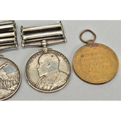 259 - A GROUP OF THREE MEDALS AND ONE OTHER MEDAL AS FOLLOWS, Queens South Africa Medal, four bars, relief... 