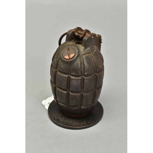 266 - AN INERT TYPE 36 BRITISH MILLS BOMB/GRENANDE, WWI era, this variant is fitted with a base plate to a... 